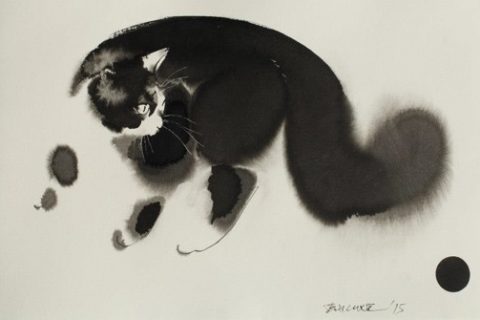 插画师Endre Penovác的水墨画风格猫咪插画，跃然纸上的喵