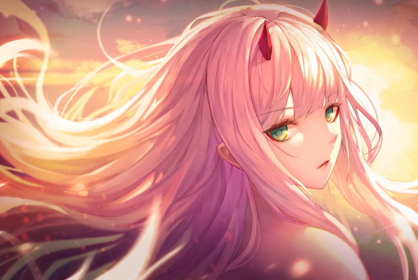 头发飘扬起来的少女插画图片