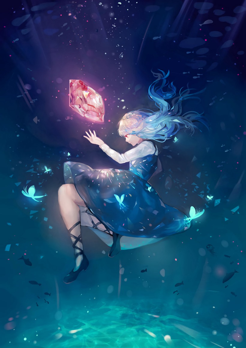 蓝颜色头发的美少女pixiv插画图片