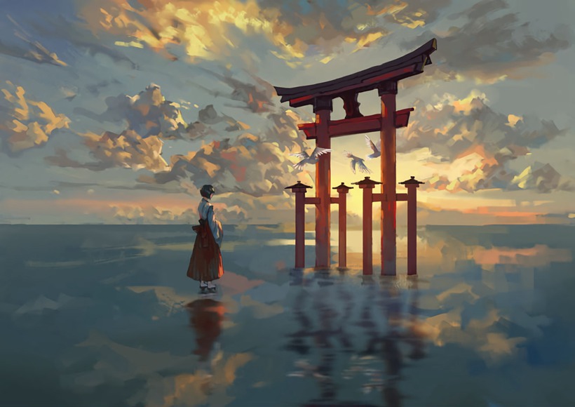 神圣的日本鸟居场景插画图片