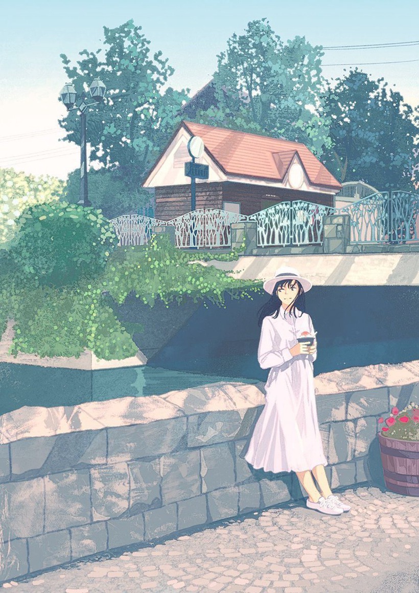 日系浪漫的清纯女孩唯美插画