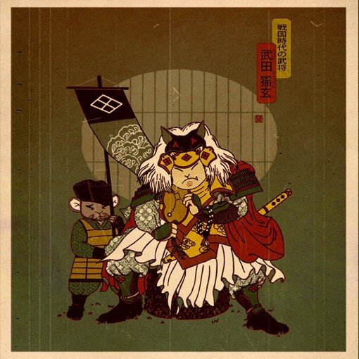 日本武士风格的猫咪插画图片