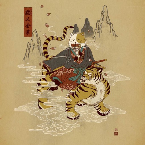 日本武士风格的猫咪插画图片