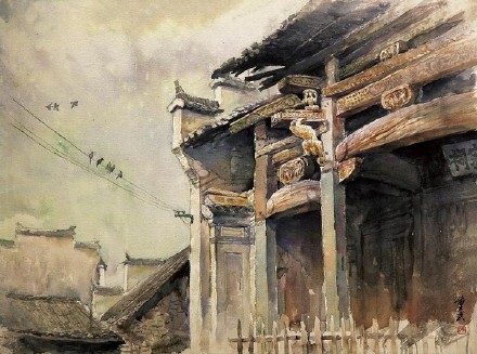 陈重武徽州乡村建筑和风光水彩画作品