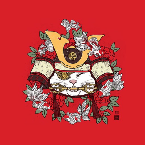 日本武士风格的猫咪插画图片