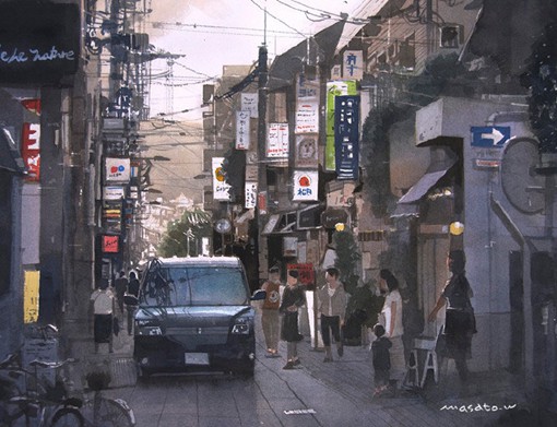 水彩画家渡部政人的日本城市街头风光水彩画